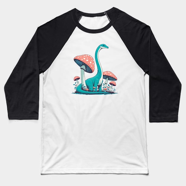 Cute simple Dinosaur Brontosaurus in Mushroom Garden Baseball T-Shirt by TomFrontierArt